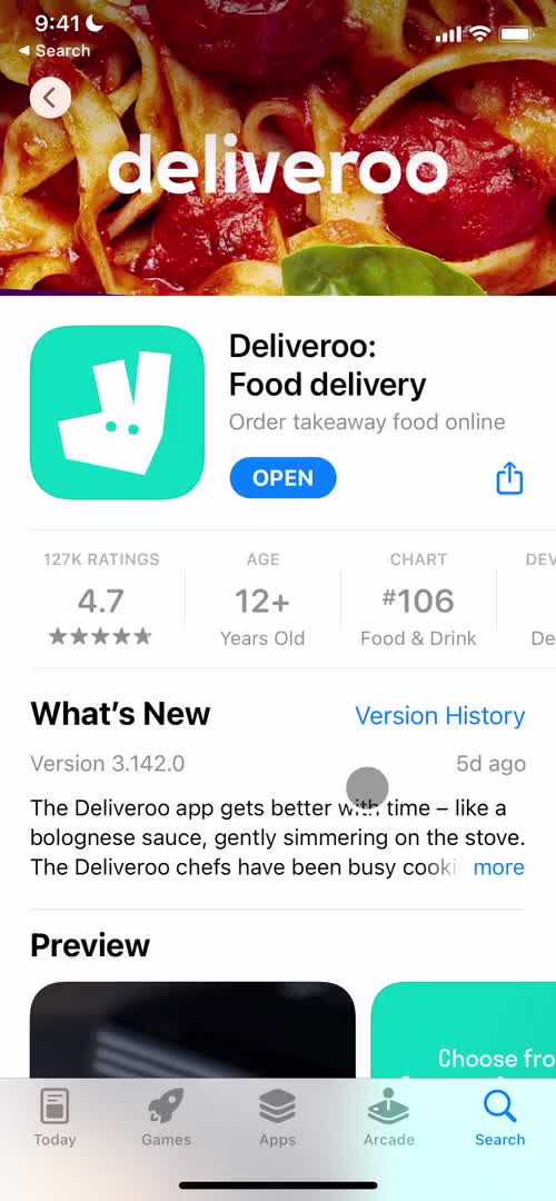 Screenshot of App store listing during Onboarding on Deliveroo user flow