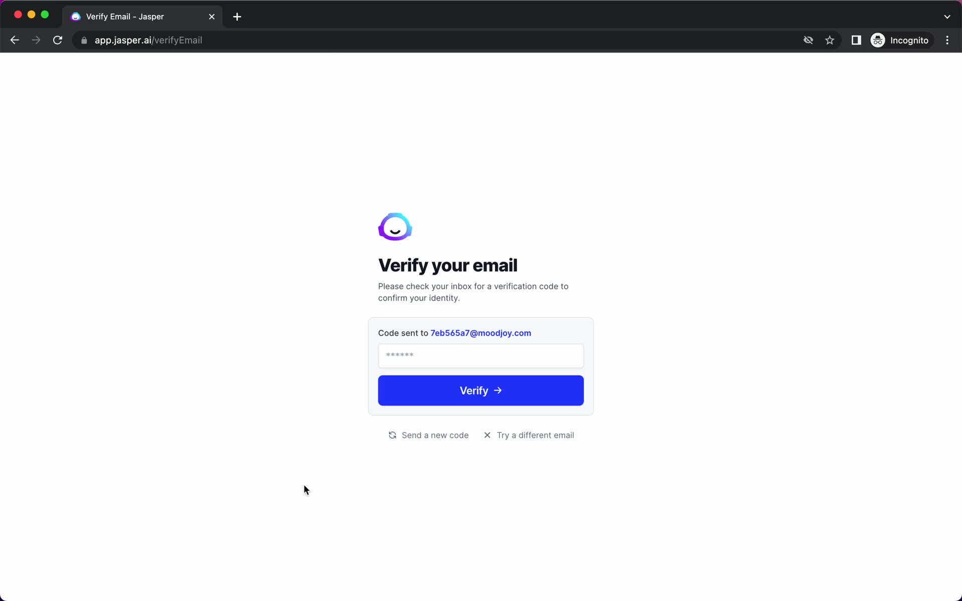 Screenshot of Verify email on Onboarding on Jasper user flow
