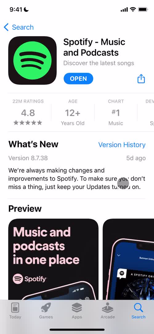 Screenshot of App store listing on Onboarding on Spotify user flow