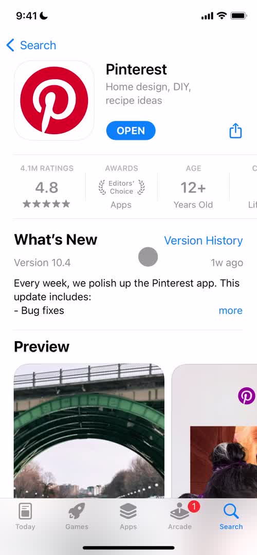Screenshot of App store listing on Onboarding on Pinterest user flow