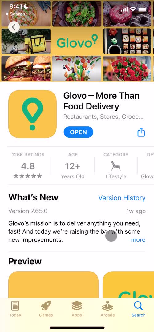 Screenshot of App store listing during Onboarding on Glovo user flow