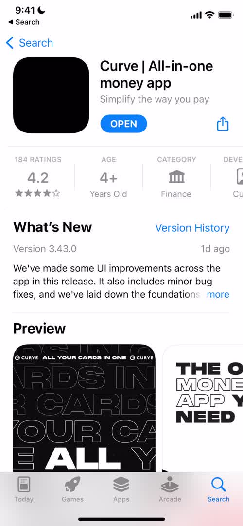 Screenshot of App store listing on Onboarding on Curve user flow