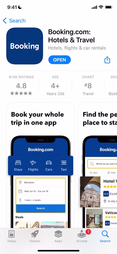 Screenshot of App store listing on Onboarding on Booking.com user flow