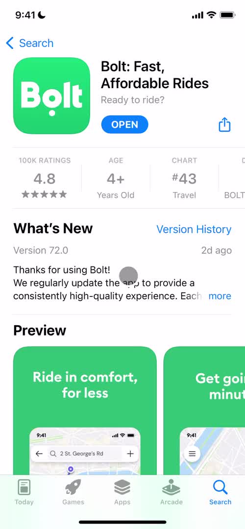 Screenshot of App store listing on Onboarding on Bolt user flow