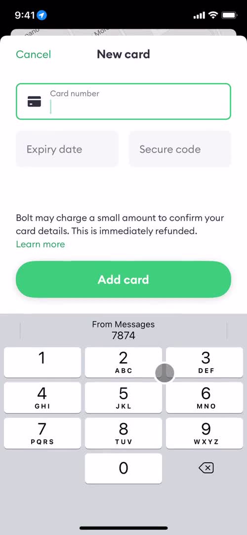 Bolt add payment details screenshot
