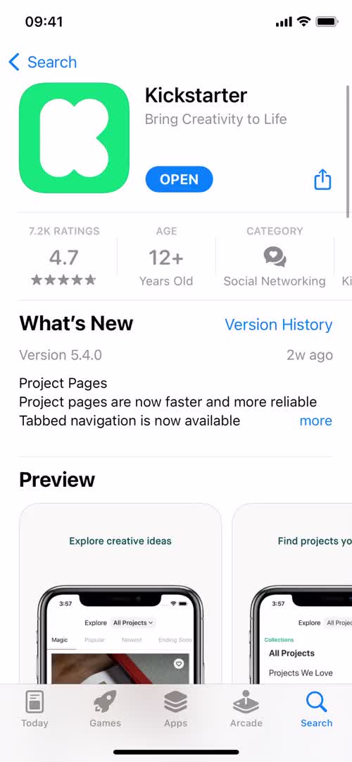 Screenshot of App store listing on Onboarding on Kickstarter user flow