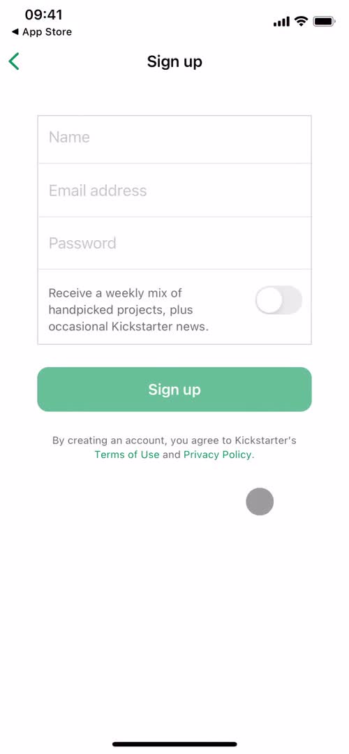 Kickstarter sign up screenshot