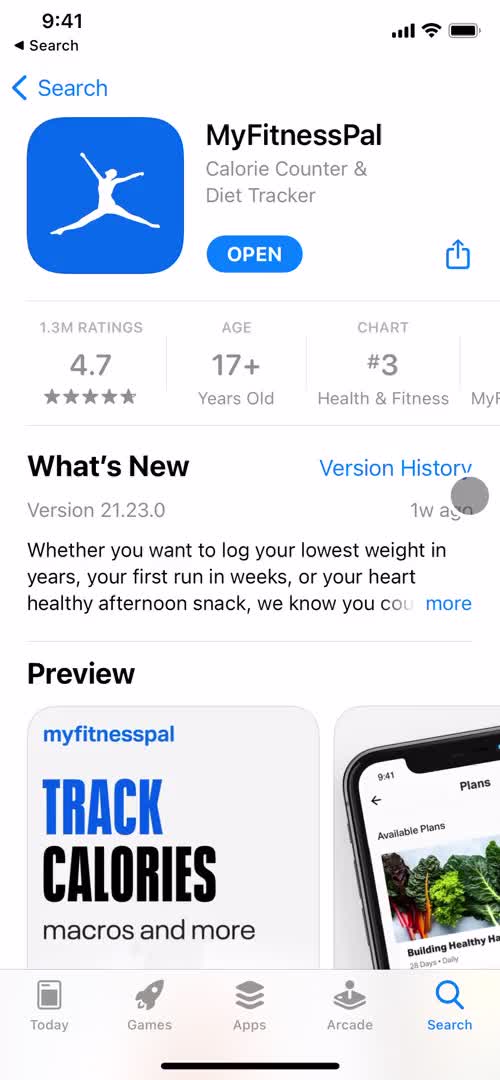 Screenshot of App store listing during Onboarding on MyFitnessPal user flow