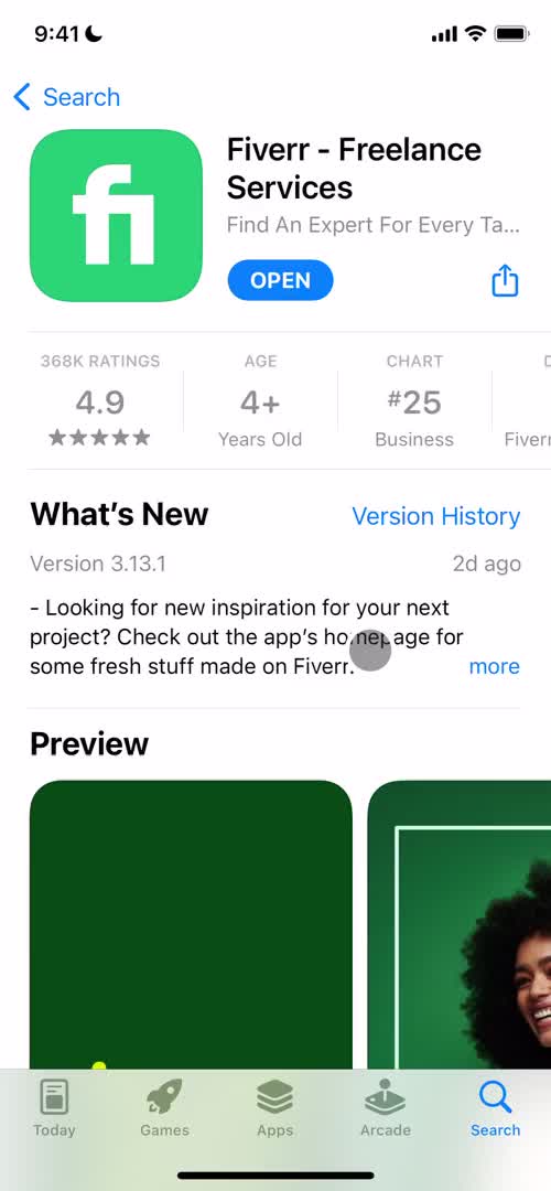 Screenshot of App store listing on Onboarding on Fiverr user flow