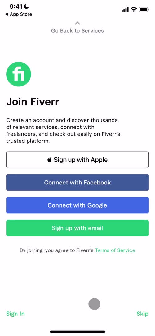 Fiverr sign up screenshot