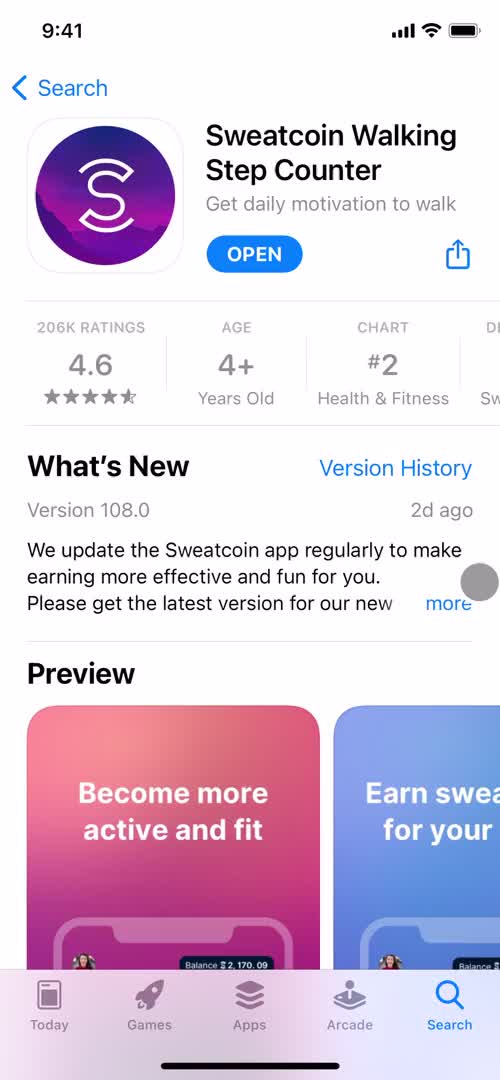 Screenshot of App store listing on Onboarding on Sweatcoin user flow