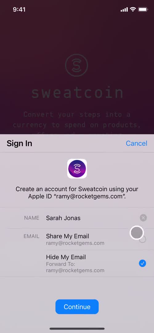 Screenshot of Sign up on Onboarding on Sweatcoin user flow