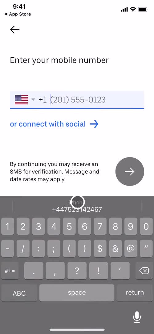 Uber enter phone number screenshot