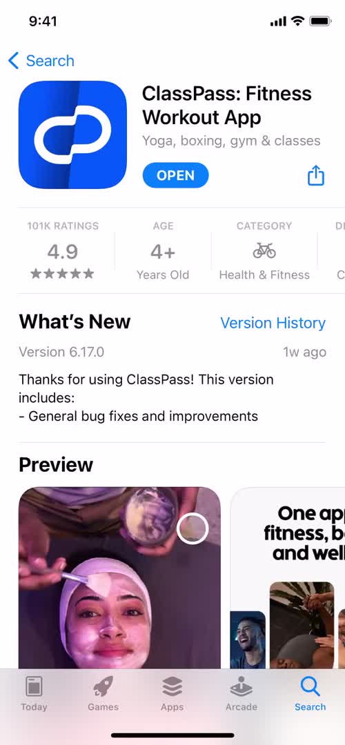 Screenshot of App store listing on Onboarding on ClassPass user flow