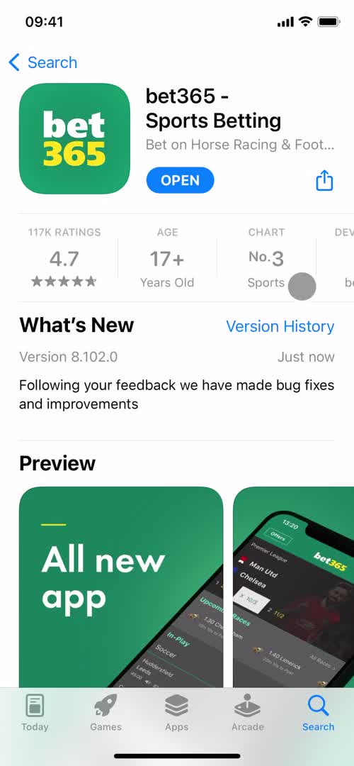 Screenshot of App store listing on Onboarding on Bet365 user flow