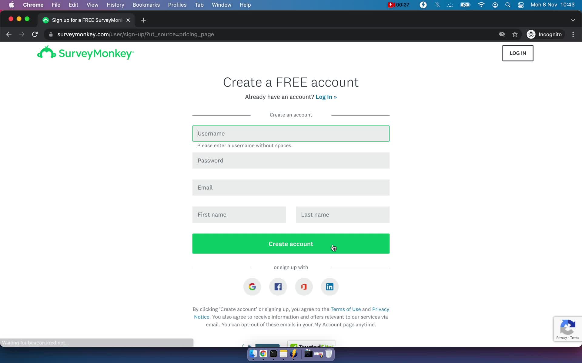 SurveyMonkey sign up screenshot