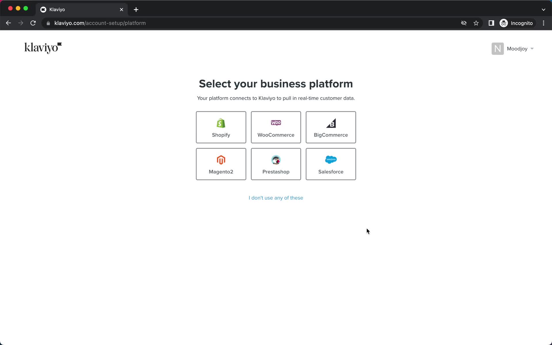 Screenshot of Select platform on Onboarding on Klaviyo user flow