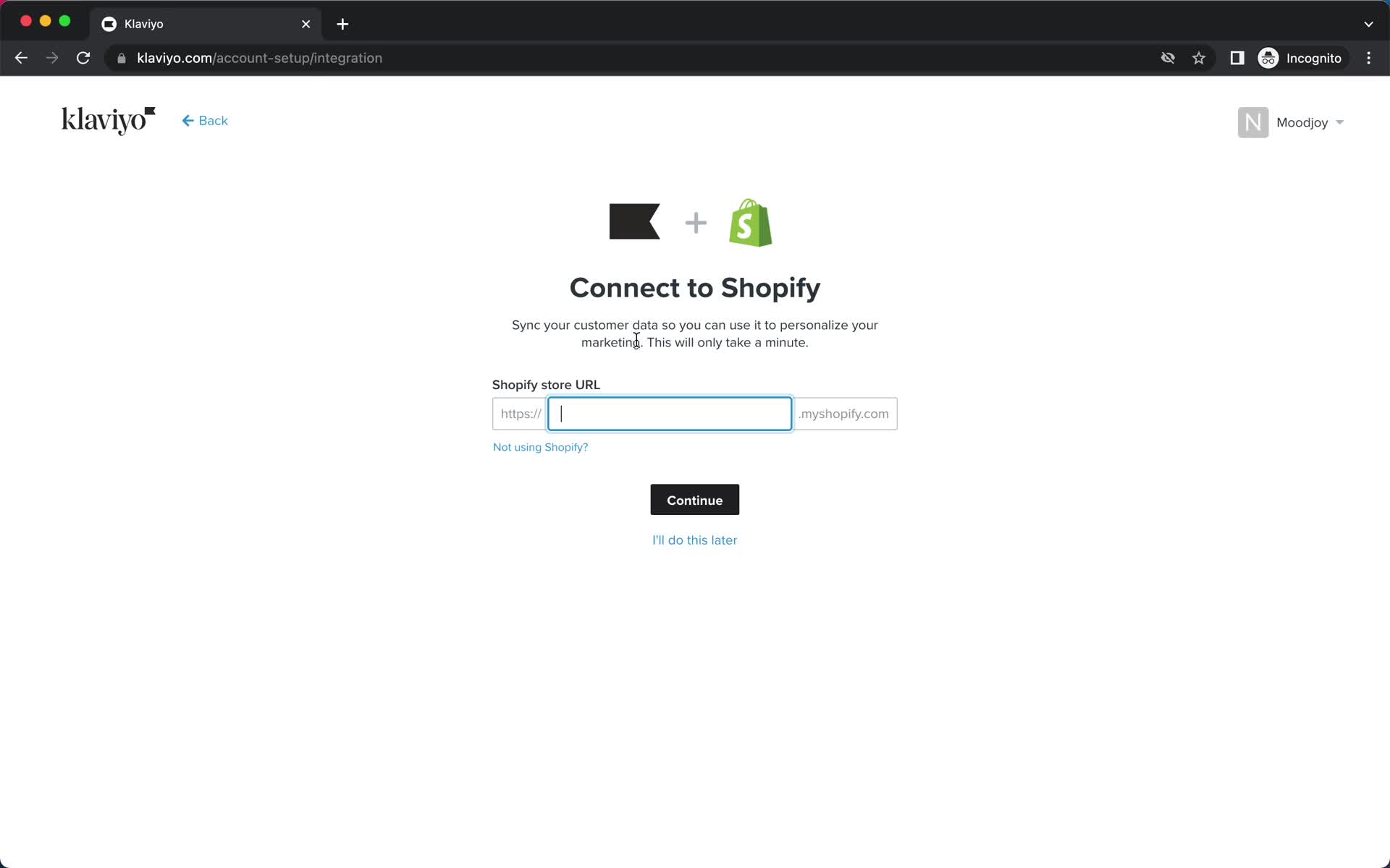 Screenshot of Connect integration on Onboarding on Klaviyo user flow