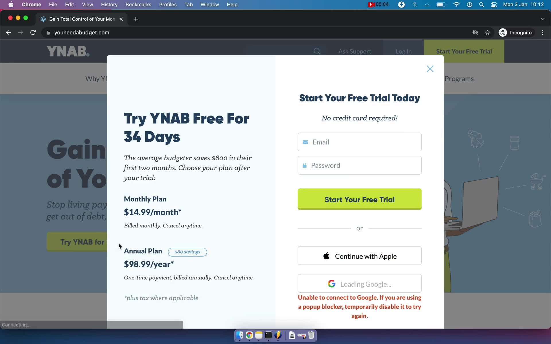 YNAB sign up screenshot