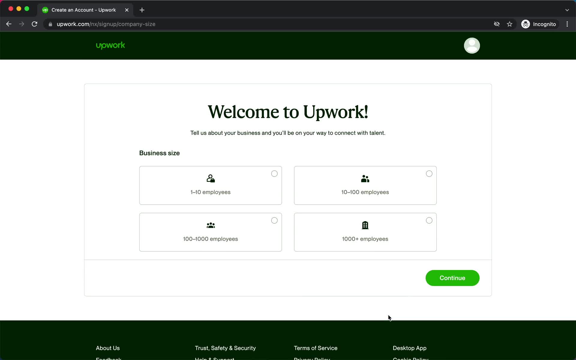 Upwork select company size screenshot