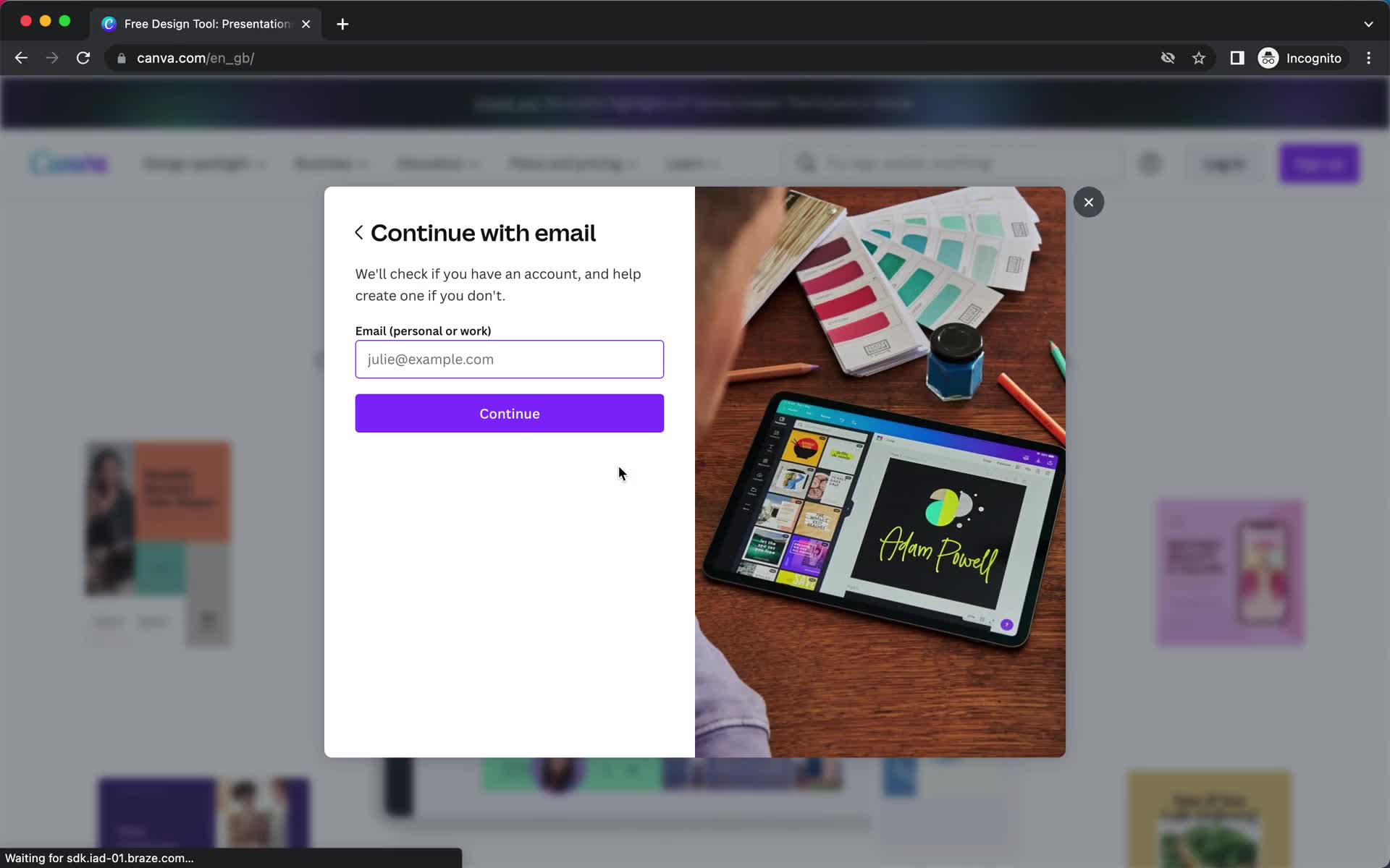 Screenshot of Sign up with email on Onboarding on Canva user flow