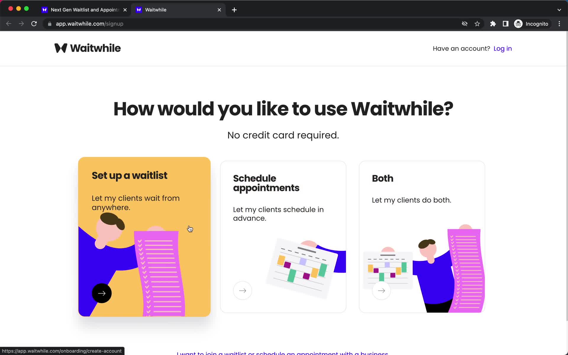 Screenshot of Select use case on Onboarding on Waitwhile user flow