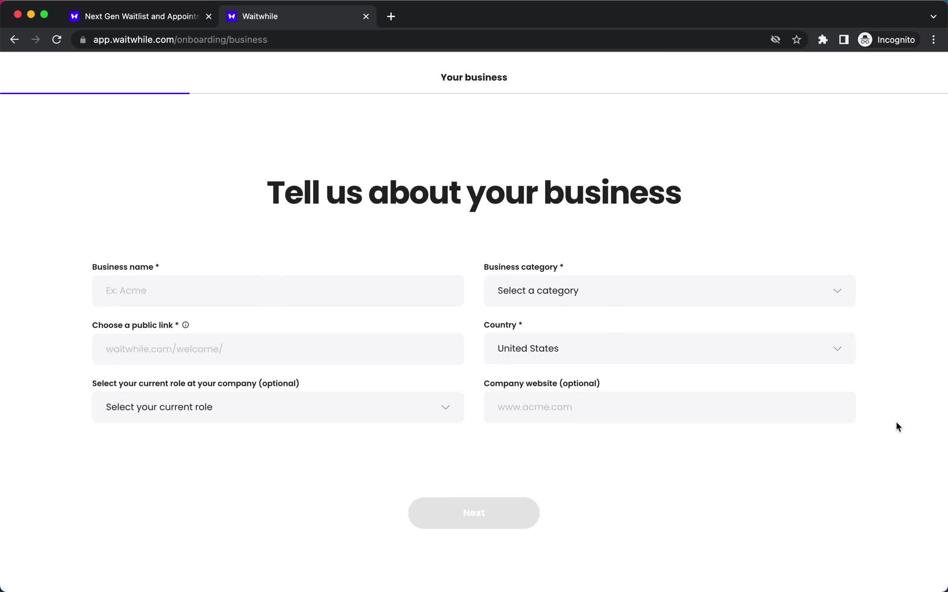Waitwhile tell us about your business screenshot