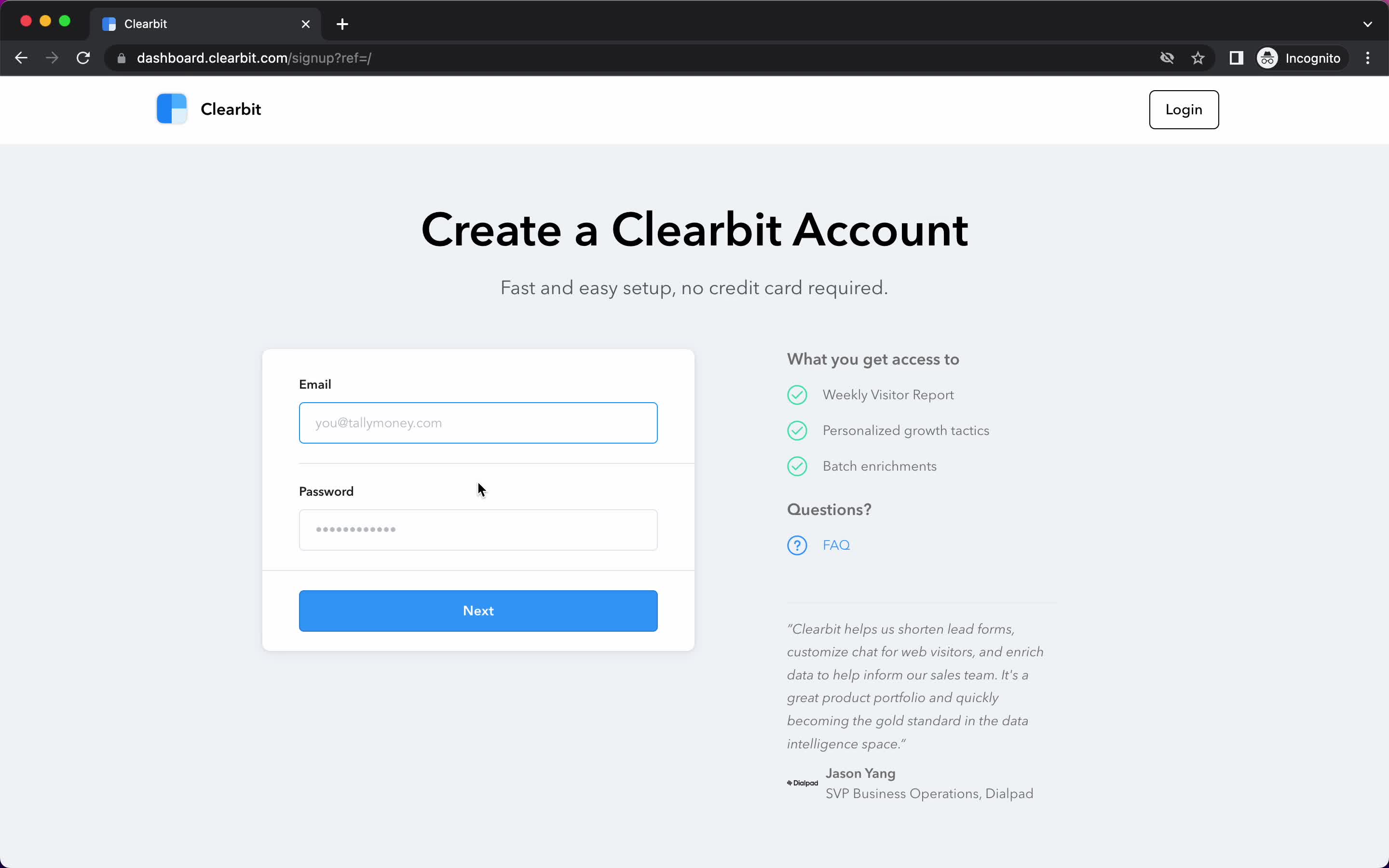 Screenshot of Sign up on Onboarding on Clearbit user flow