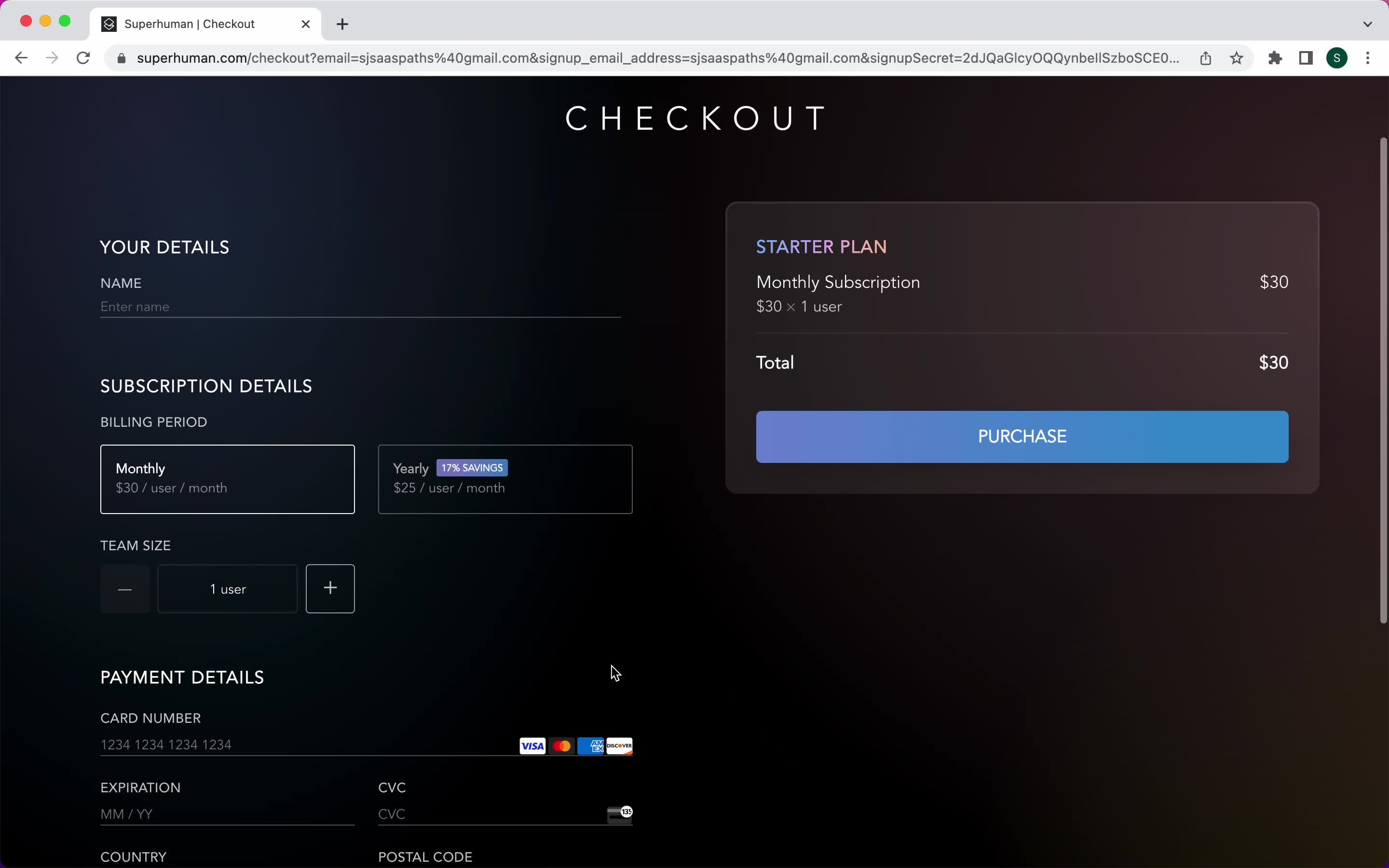 Superhuman add payment details screenshot