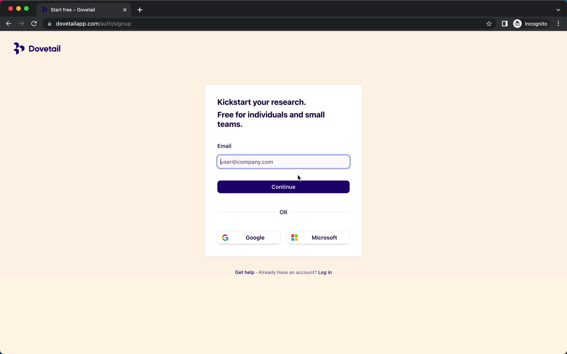 Screenshot of Sign up during Onboarding on Dovetail user flow