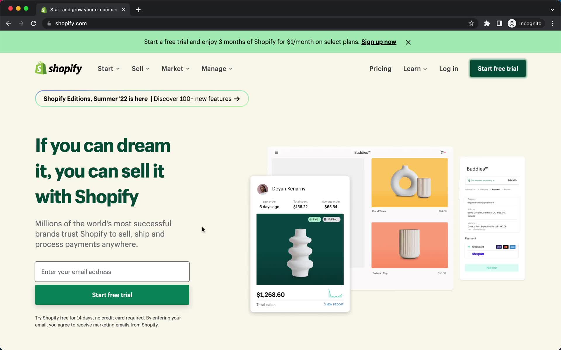 Screenshot of Homepage on Onboarding on Shopify user flow