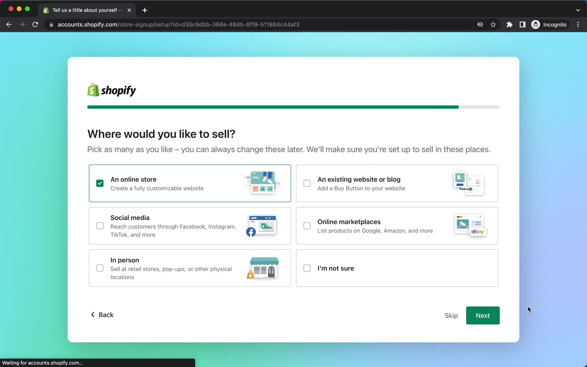 Shopify onboarding question screenshot