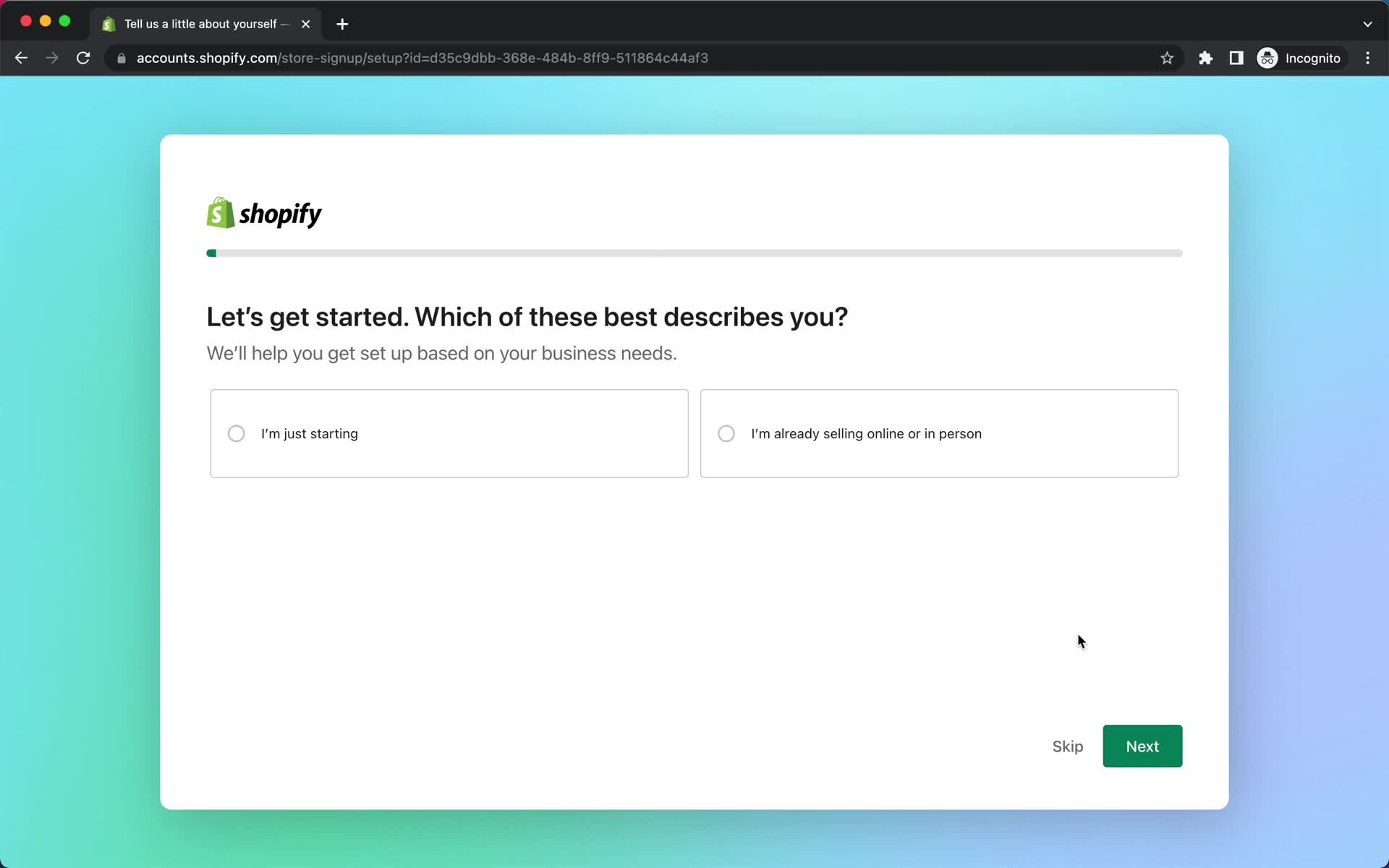 Screenshot of Onboarding question on Onboarding on Shopify user flow