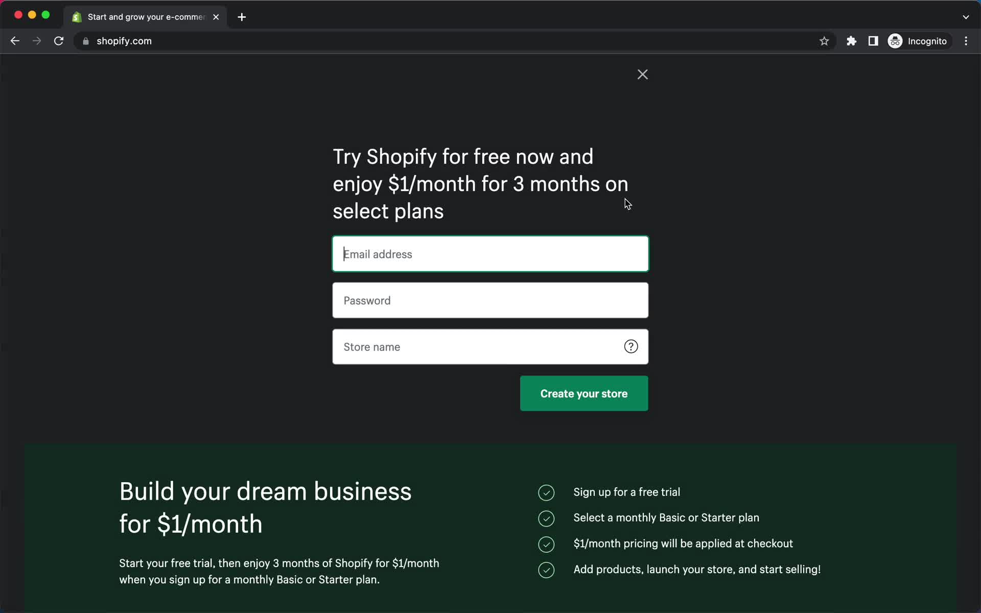 Screenshot of Sign up on Onboarding on Shopify user flow