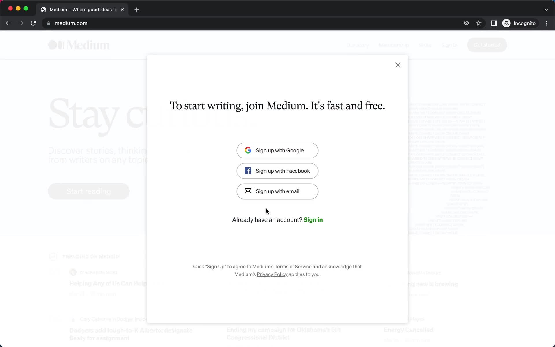 Medium sign up screenshot