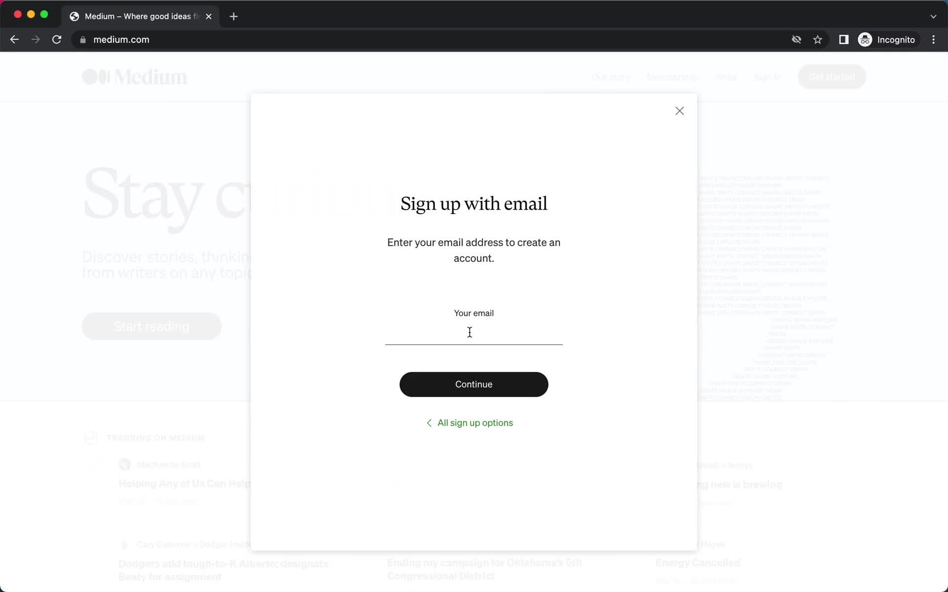 Medium sign up with email screenshot