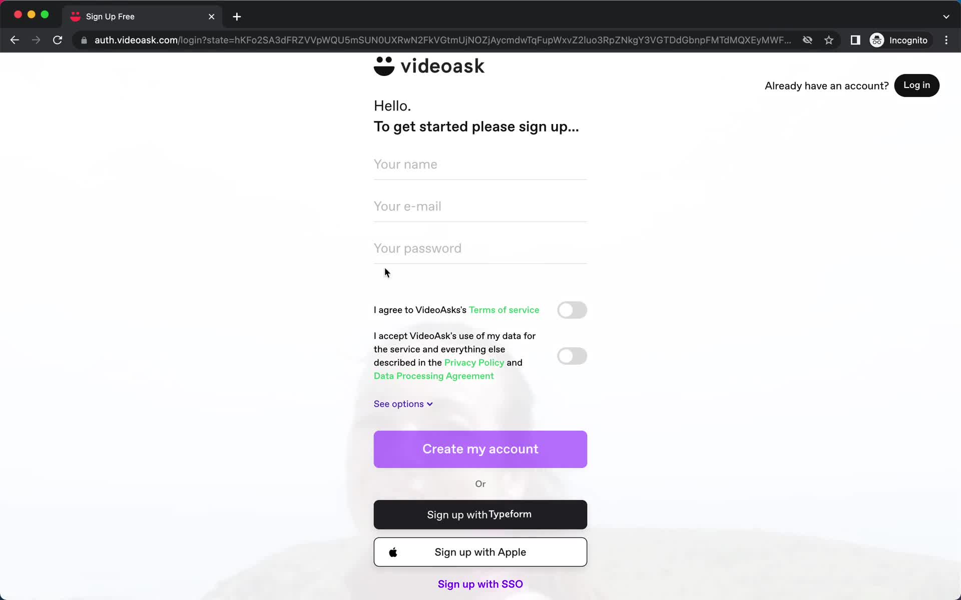 Screenshot of Sign up on Onboarding on VideoAsk user flow