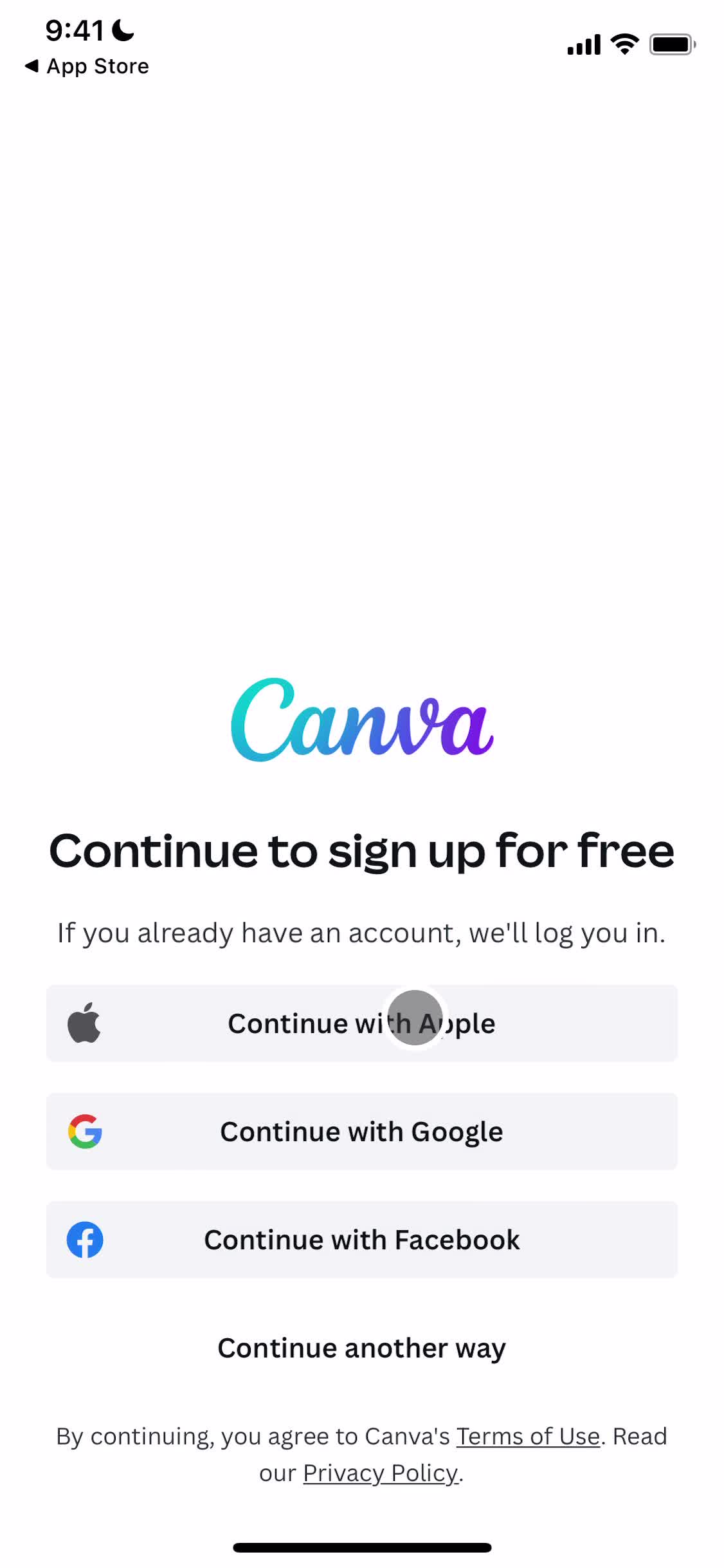 Canva sign up screenshot