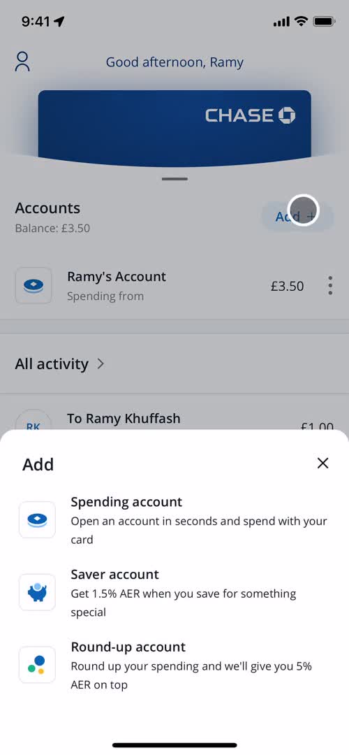 Screenshot of Add account on Creating a pot on Chase user flow