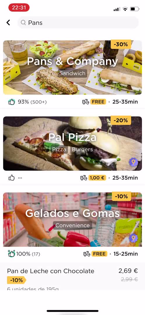 Screenshot of Search results on Ordering food on Glovo user flow