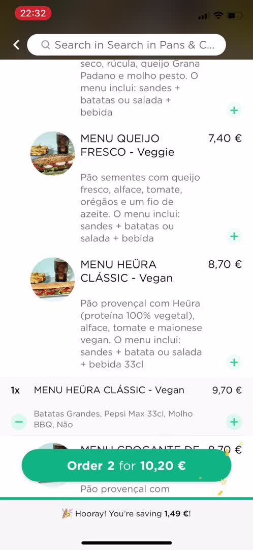 Ordering food screenshot