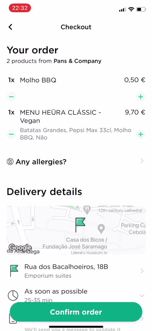 Ordering food screenshot