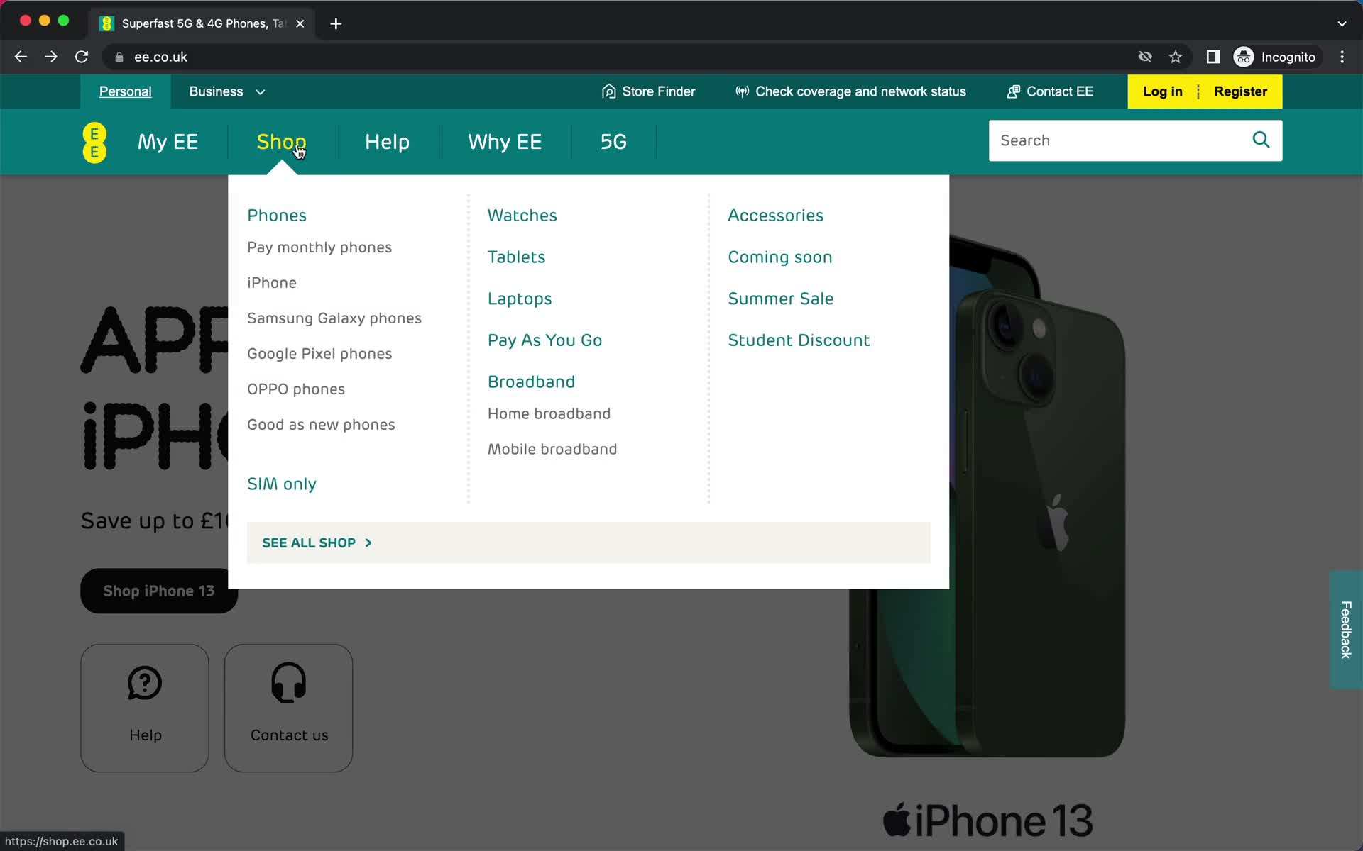 Screenshot of Navigation menu on Ordering something on EE user flow