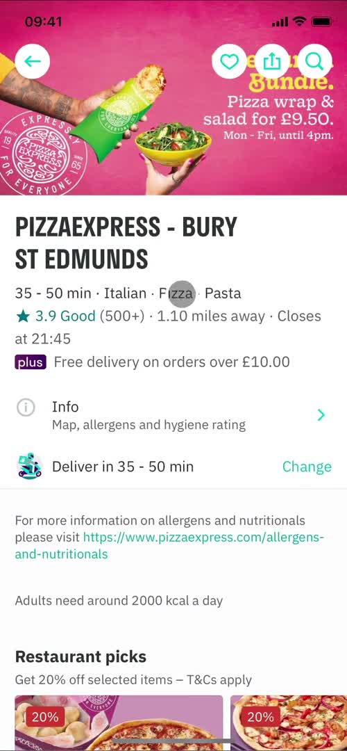 Screenshot of Restaurant menu on Ordering food on Deliveroo user flow