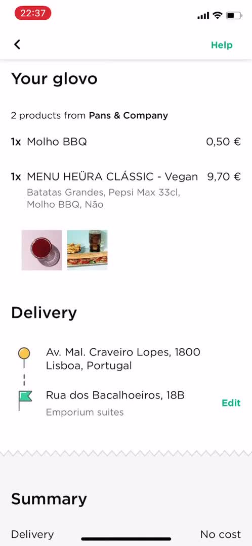 Ordering food screenshot