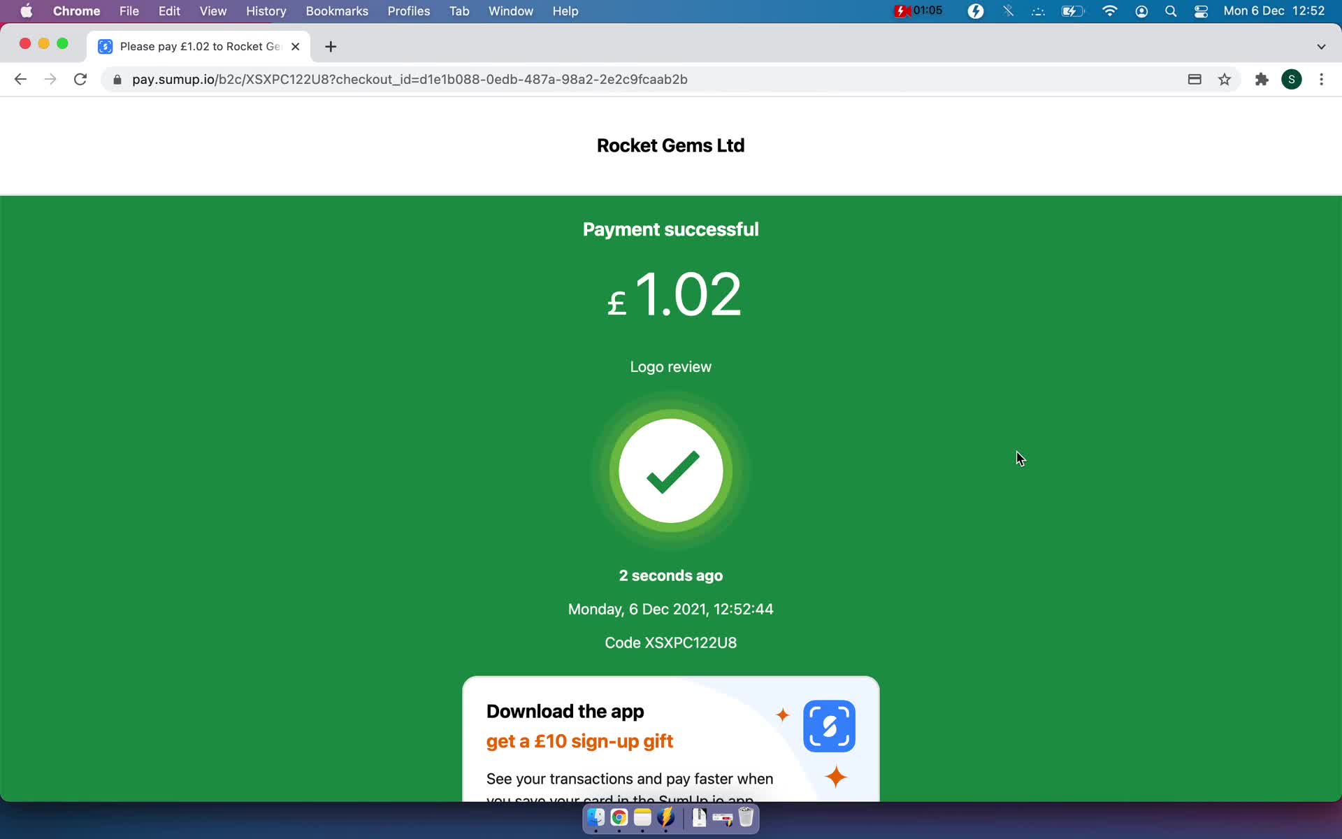 Screenshot of Payment succeeded on Paying on SumUp user flow
