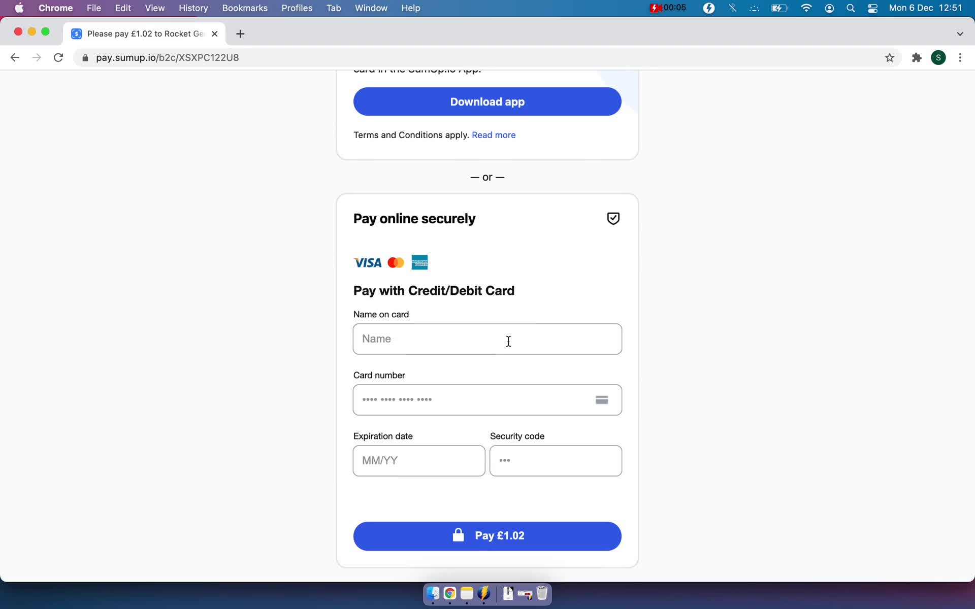 Screenshot of Add payment details on Paying on SumUp user flow