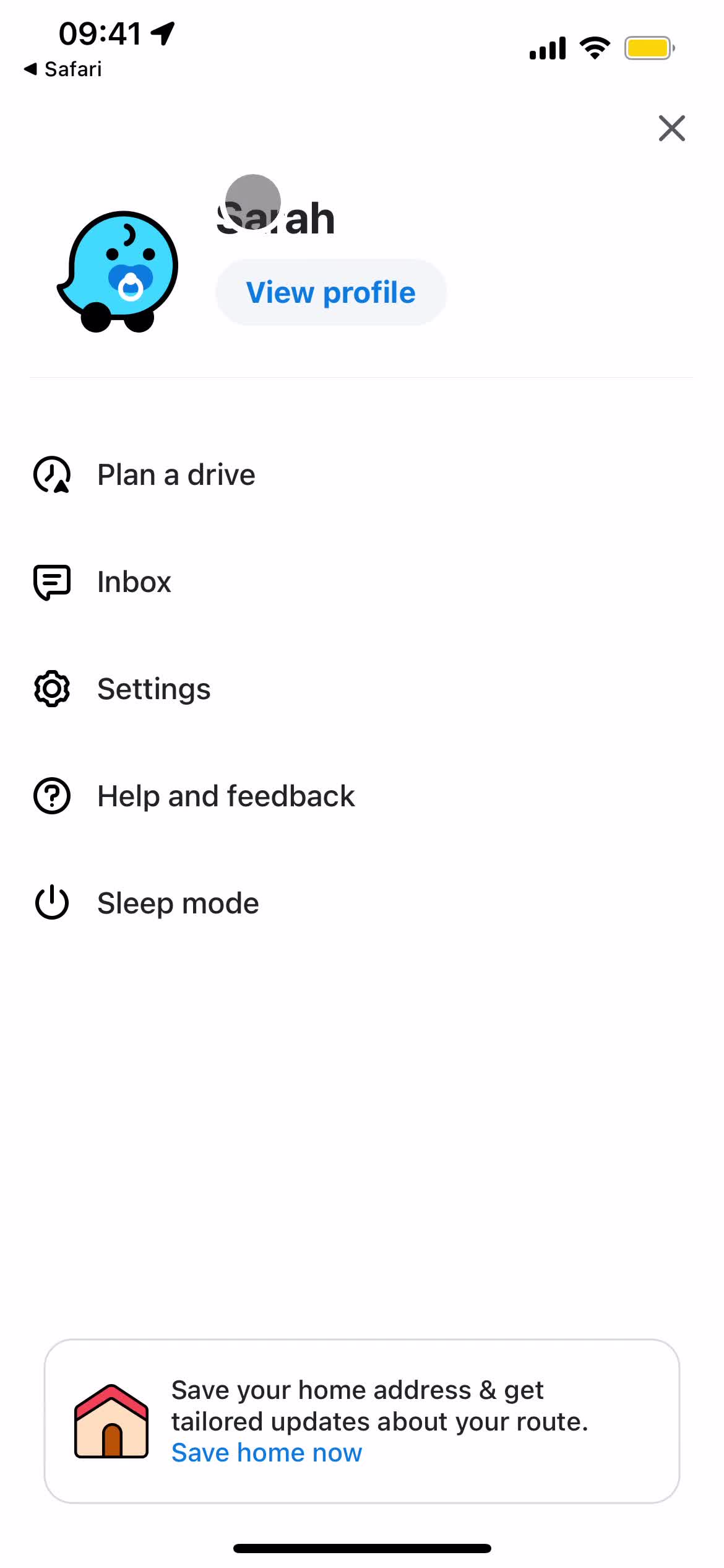 Screenshot of Navigation menu on Planning a trip on Waze user flow
