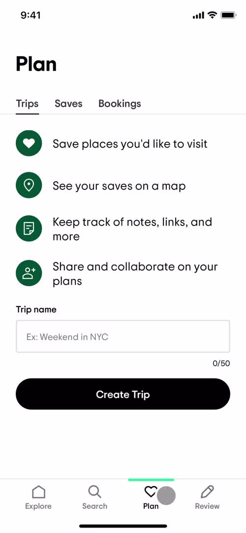 Screenshot of Trips on Planning a trip on Tripadvisor user flow