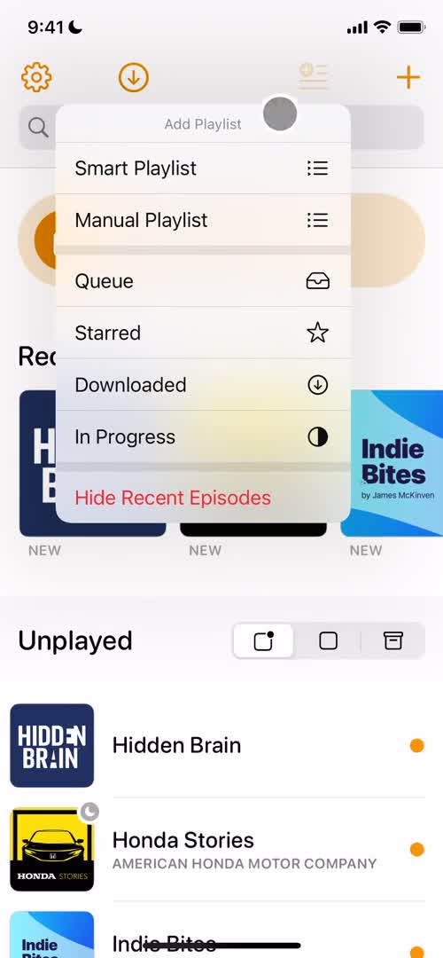 Screenshot of Action menu on Creating a playlist on Overcast user flow